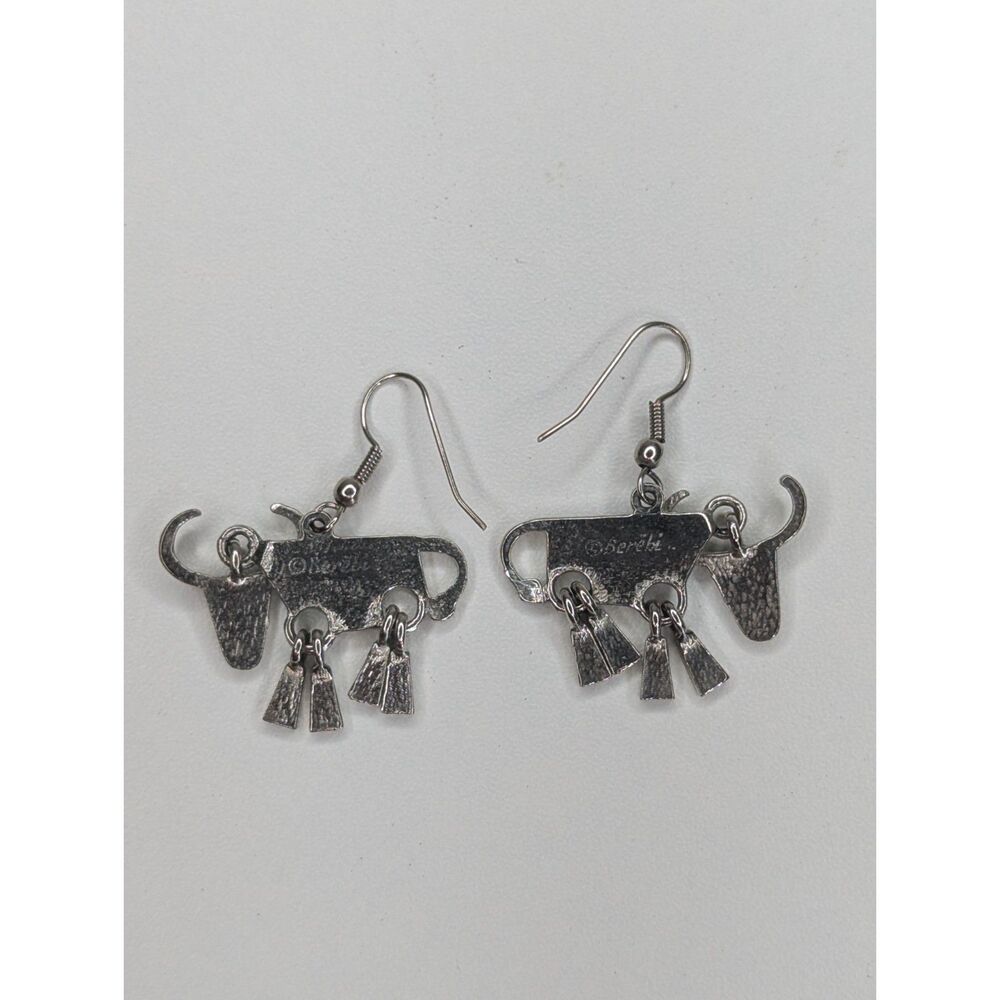 Vintage Signed E. Berebi Western Longhorn Dangle Earrings Silver Tone Teal Cream - Picture 5 of 6